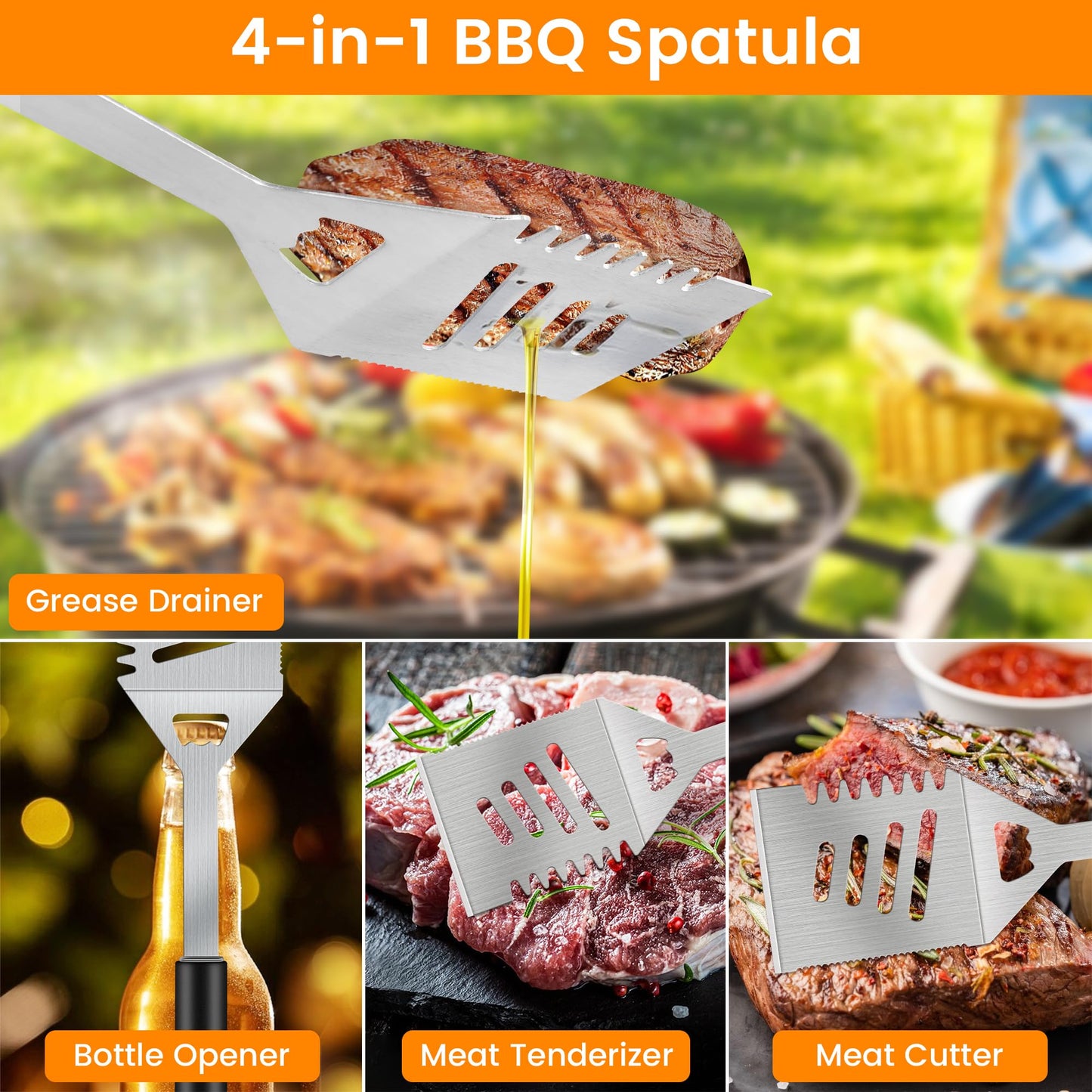 Grill Accessories Kit, Grill Tool Set with 4-in-1 BBQ Spatula and More