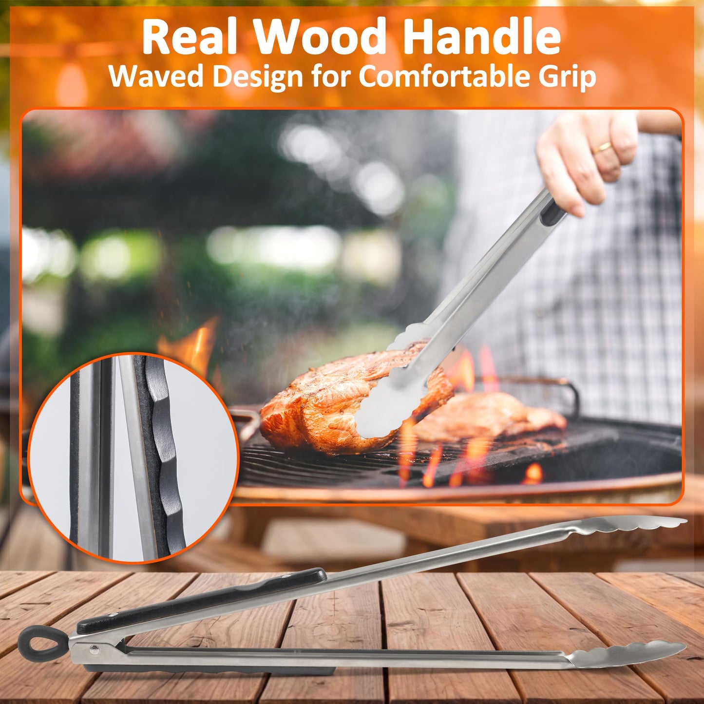 17 Inch Long Wood-Handled Grill Tongs