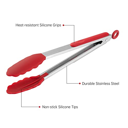 7"+9"+12" Silicone Kitchen Tongs Set | Cooking Tongs | Serving Tongs, Red