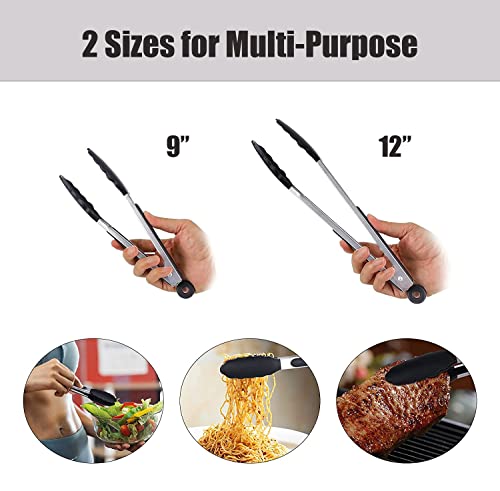 9"+12" Kitchen Tongs | Silicone Cooking Tongs | Serving Tongs | Salad Tongs, Black