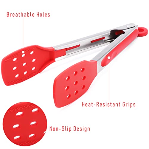 9 Inch Slotted Kitchen Tongs | Silicone Cooking Tongs | Serving Tongs, Red