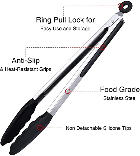9"+12" Kitchen Tongs | Silicone Cooking Tongs | Serving Tongs | Salad Tongs, Black