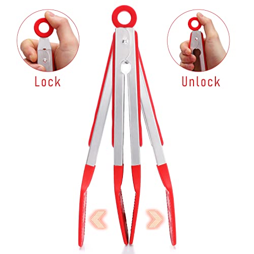 9 Inch Slotted Kitchen Tongs | Silicone Cooking Tongs | Serving Tongs, Red