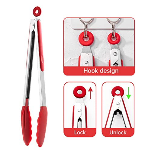 7"+9"+12" Silicone Kitchen Tongs Set | Cooking Tongs | Serving Tongs, Red
