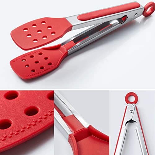 9 Inch Slotted Kitchen Tongs | Silicone Cooking Tongs | Serving Tongs, Red