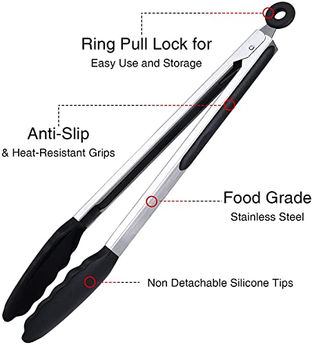 7"+9"+12" Silicone Kitchen Tongs Set | Cooking Tongs | Serving Tongs, Black