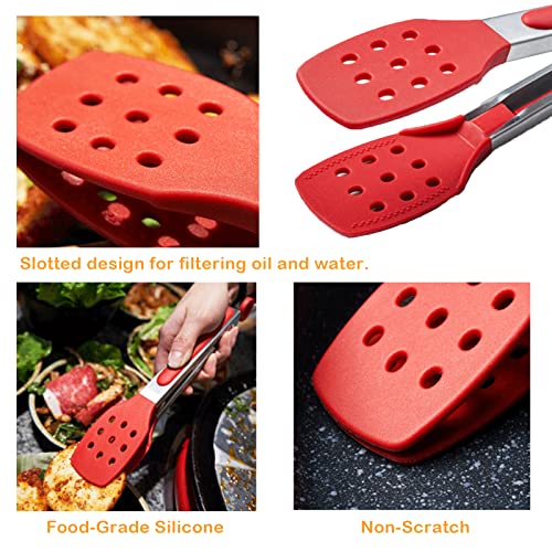9 Inch Slotted Kitchen Tongs | Silicone Cooking Tongs | Serving Tongs, Red