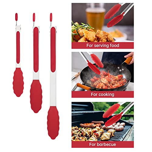 7"+9"+12" Silicone Kitchen Tongs Set | Cooking Tongs | Serving Tongs, Red