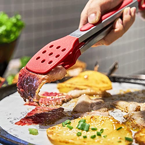 9 Inch Slotted Kitchen Tongs | Silicone Cooking Tongs | Serving Tongs, Red