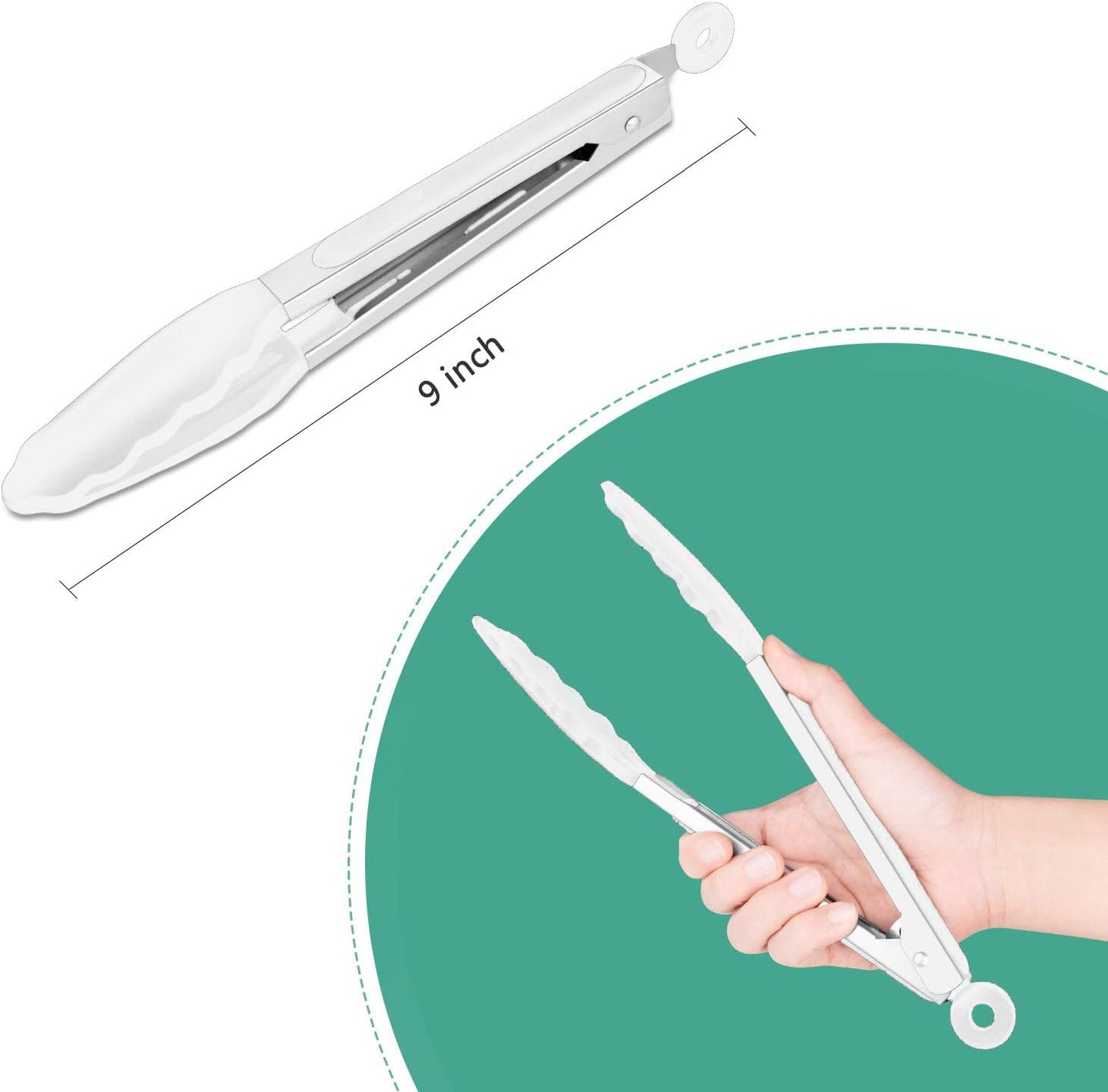 9 Inch Kitchen Tongs, Cooking Tongs with Silicone Tips (9", White)