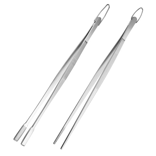 12-Inch Kitchen Tweezers, Food Grade Stainless Steel Tweezers Tongs (Point Tip + Flat Tip)