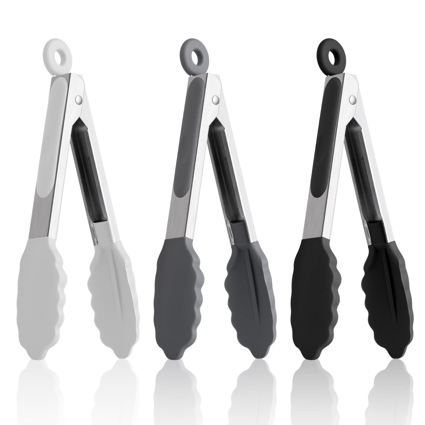 7 Inch Silicone Tongs, Pack of 3 Short Small Silicone Tongs (7", Black/Grey/White)