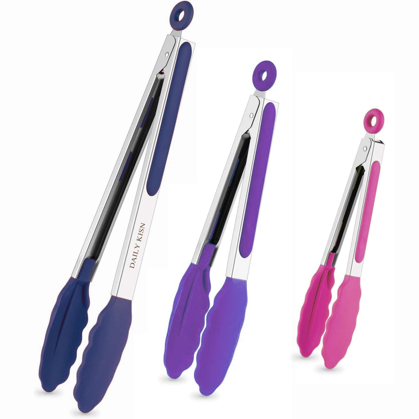 Kitchen Tongs Set of 3, Cooking Tongs with Silicone Tips (Pink/Purple/Navy, 7/9/12 Inch)