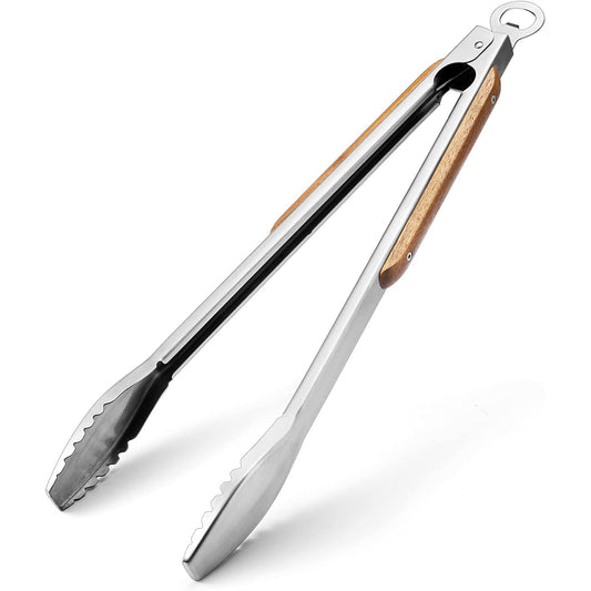 19.5"/50cm Ultra Long Stainless Steel Grill Tongs, BBQ Tongs with Real Wood Handles