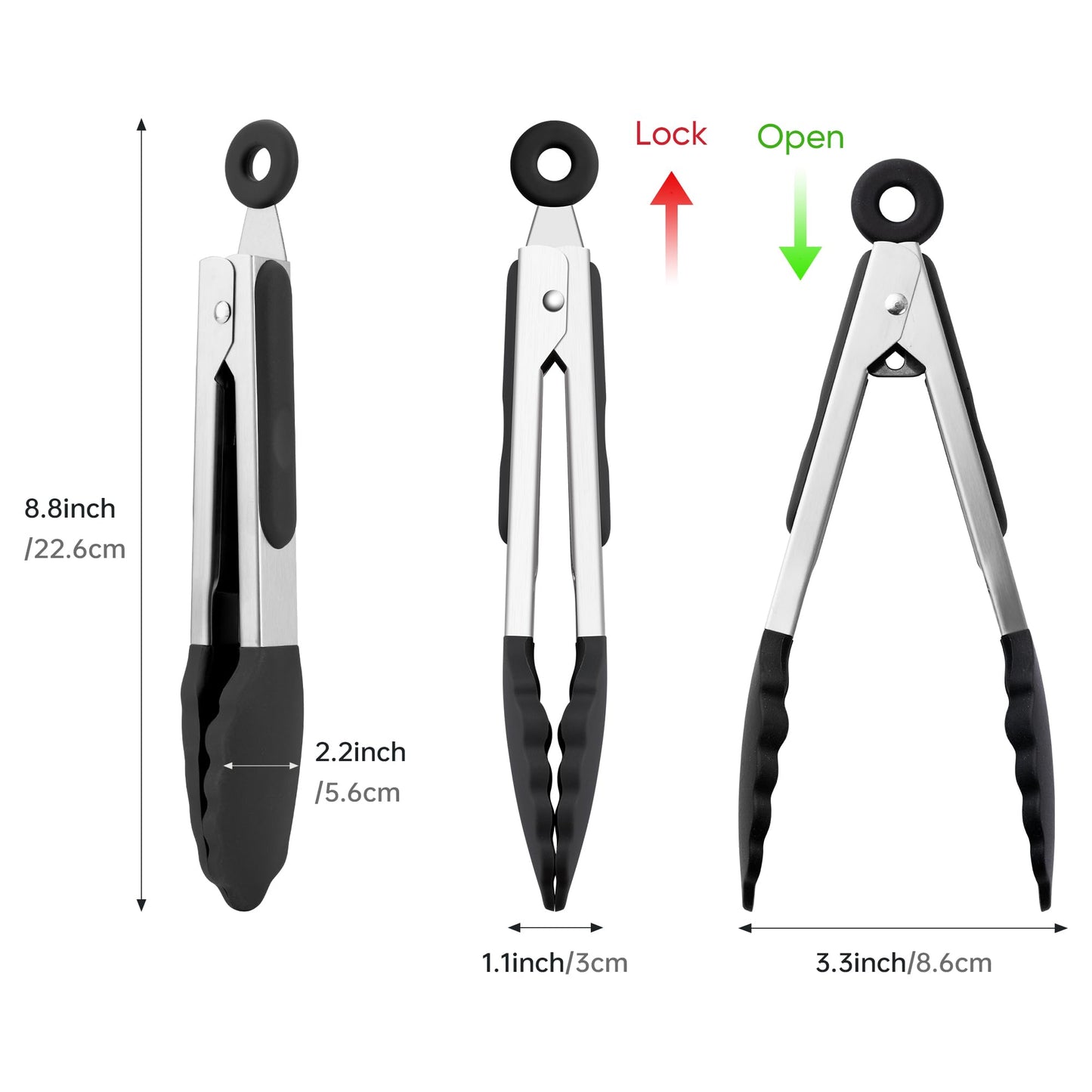 7 Inch Silicone Tongs, Pack of 3 Short Small Silicone Tongs (7", Black/Grey/White)