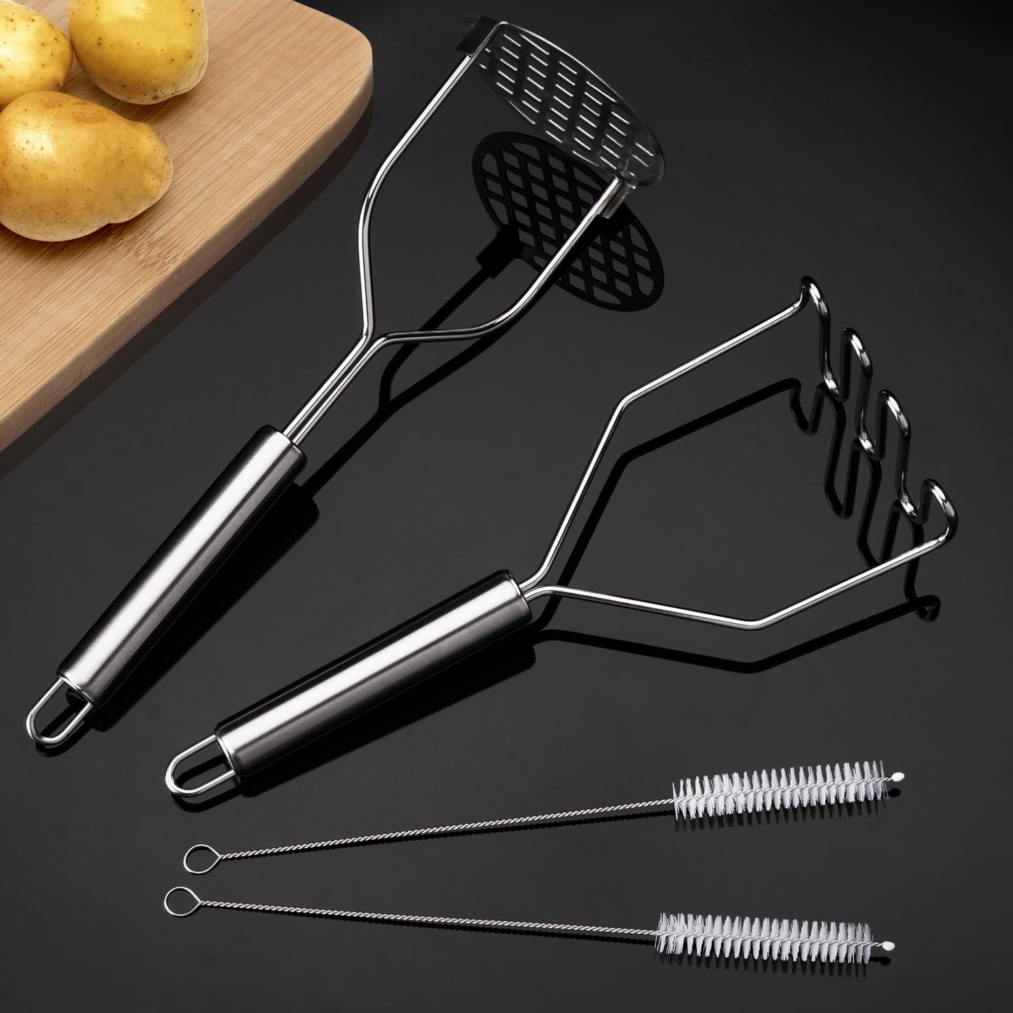 2PCS Potato Masher, Stainless Steel Masher Kitchen Tool Set for Meshing Potatoes, Avocados, Beans, Fruit and More Vegetables