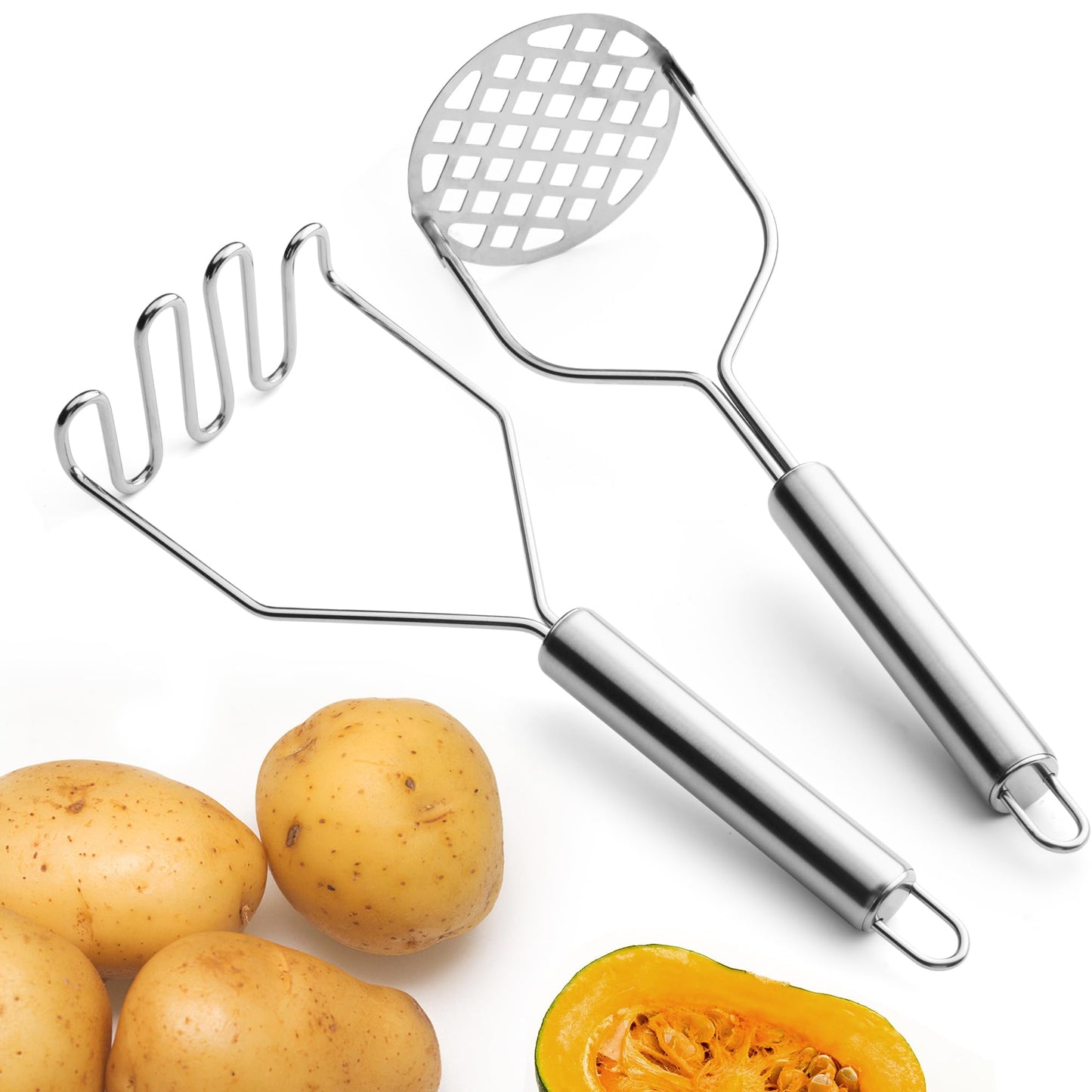 2PCS Potato Masher, Stainless Steel Masher Kitchen Tool Set for Meshing Potatoes, Avocados, Beans, Fruit and More Vegetables