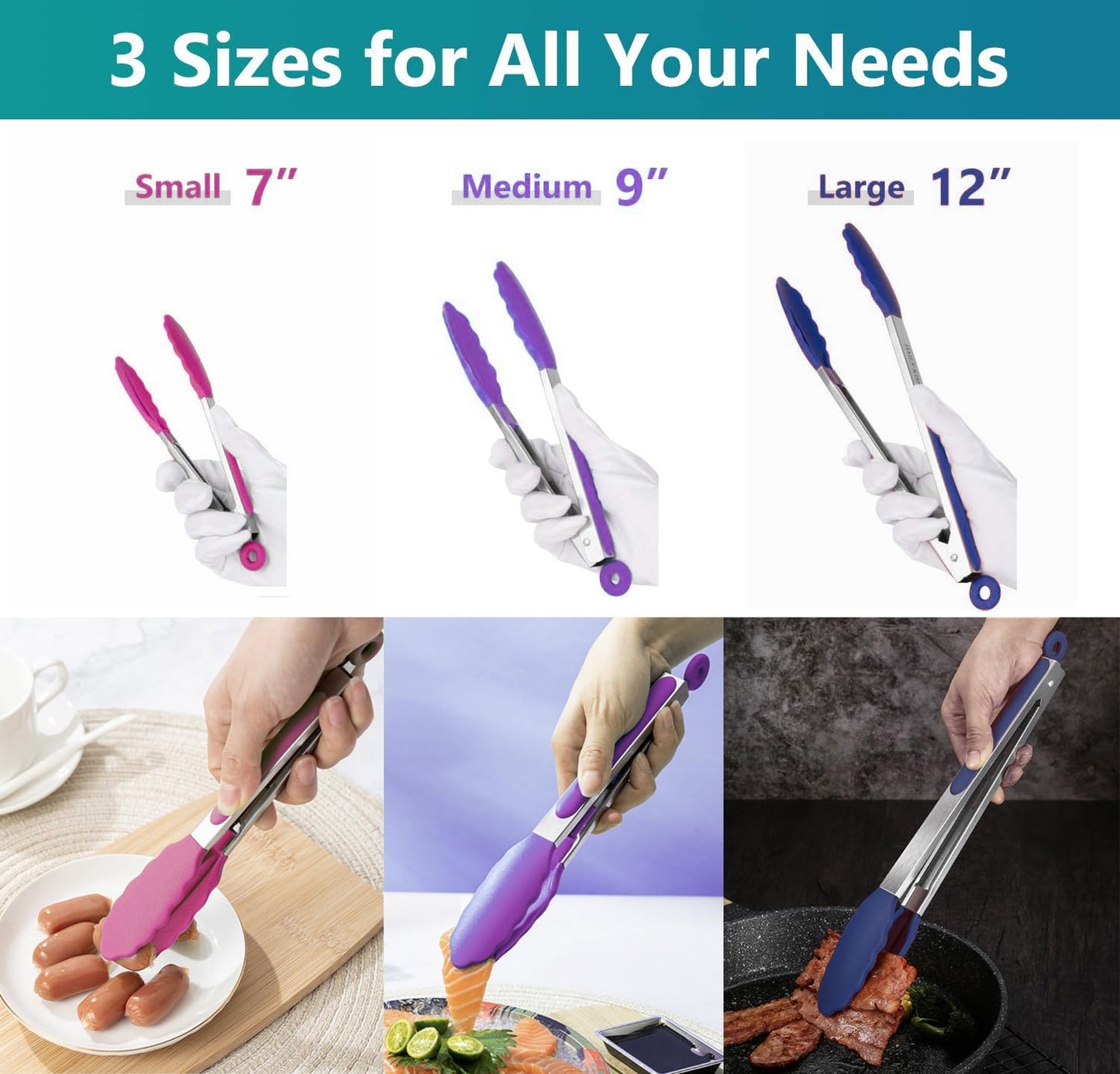 Kitchen Tongs Set of 3, Cooking Tongs with Silicone Tips (Pink/Purple/Navy, 7/9/12 Inch)