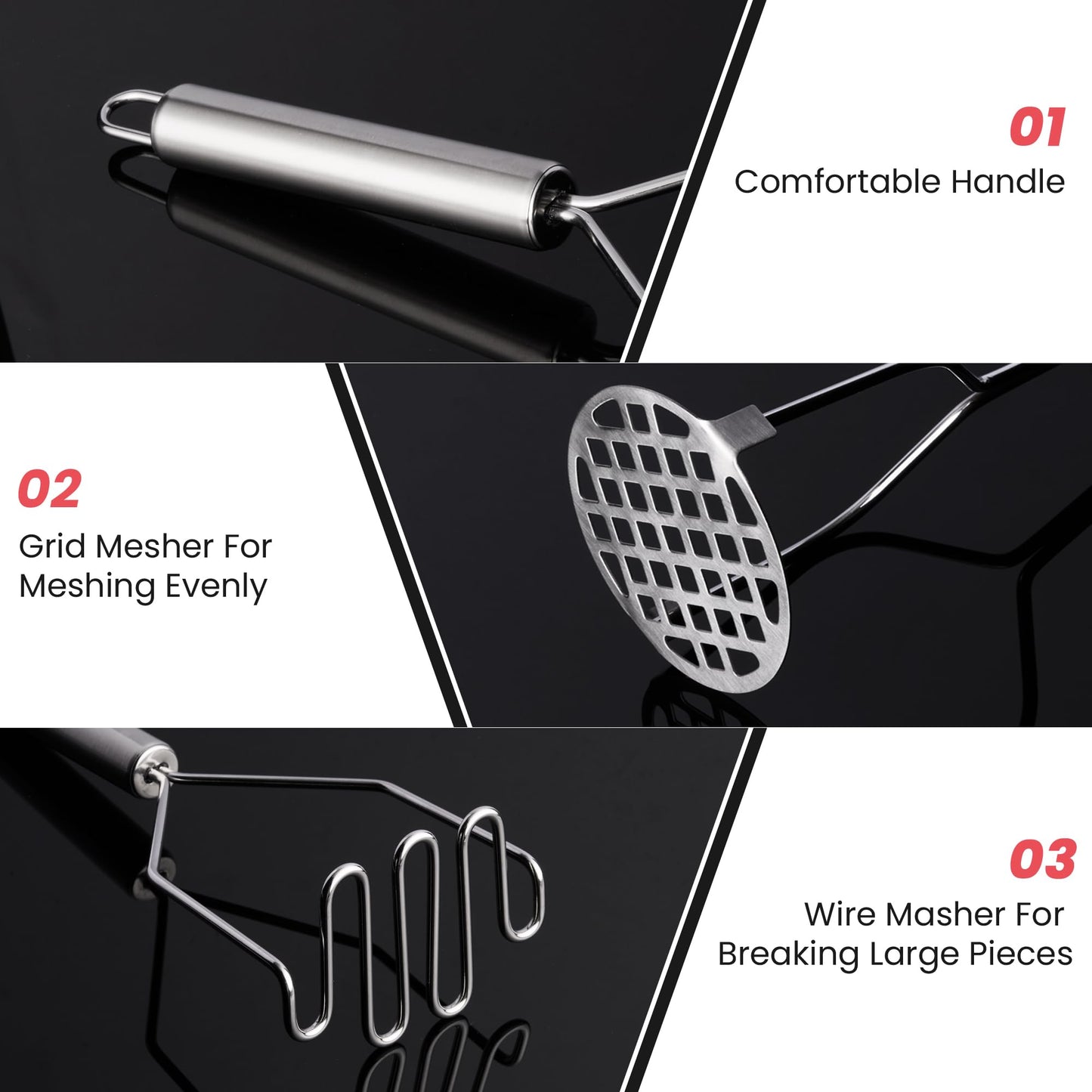 2PCS Potato Masher, Stainless Steel Masher Kitchen Tool Set for Meshing Potatoes, Avocados, Beans, Fruit and More Vegetables