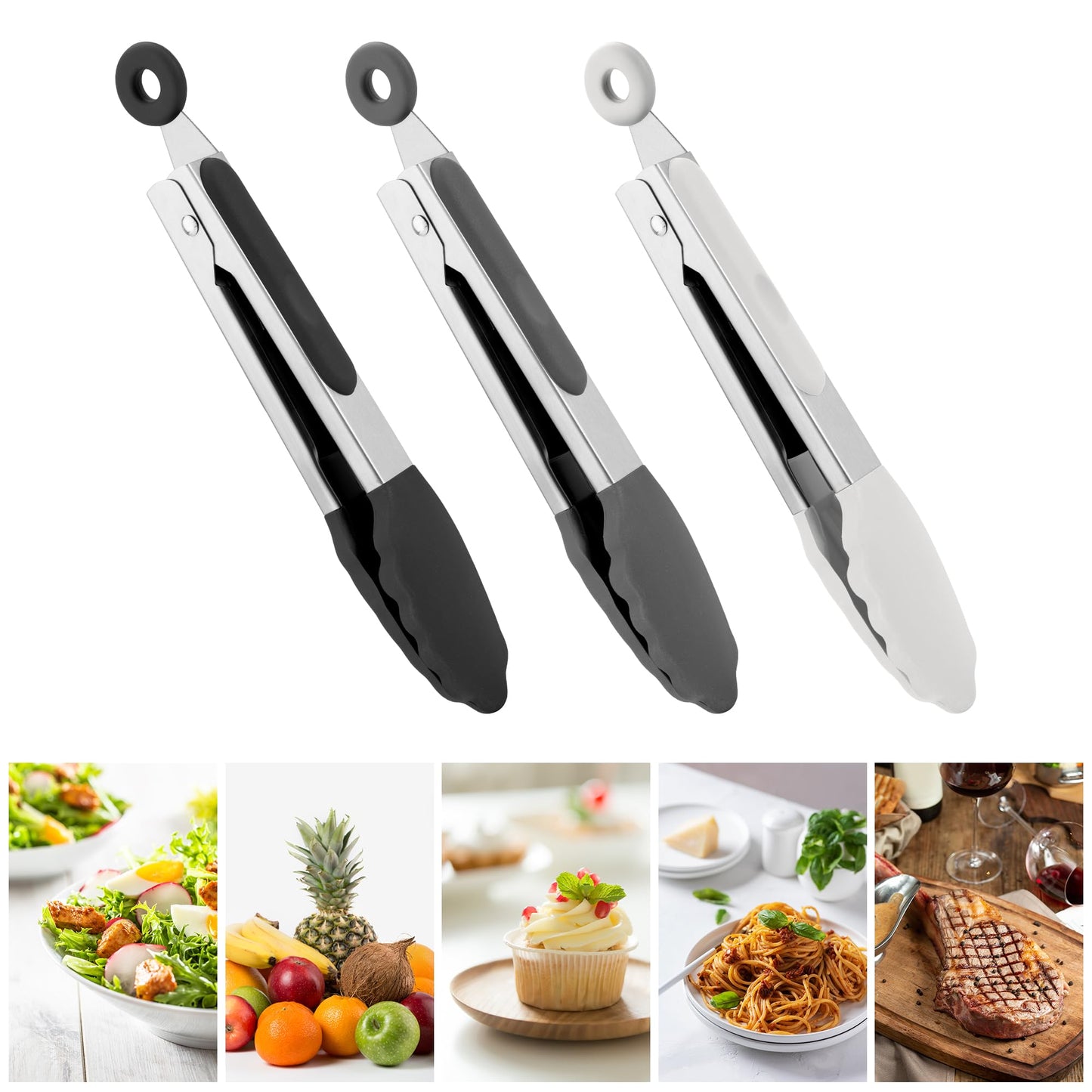 7 Inch Silicone Tongs, Pack of 3 Short Small Silicone Tongs (7", Black/Grey/White)