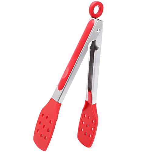 9 Inch Slotted Kitchen Tongs | Silicone Cooking Tongs | Serving Tongs, Red