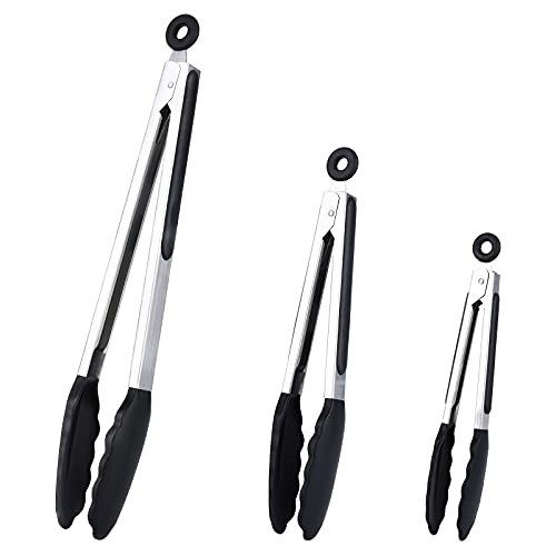 Juego de pinzas de cocina de silicona de 7"+9"+12" | Pinzas para cocinar | Pinzas para servir, color negro