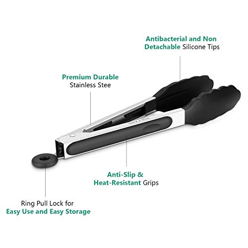 9 Inch Silicone Kitchen Tongs | Cooking Tongs | Serving Tongs, Black