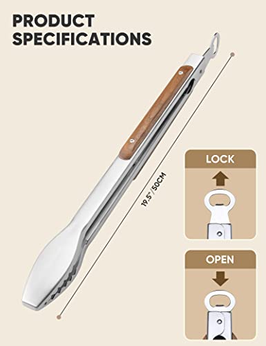 Pinzas para parrilla de acero inoxidable ultralargas de 19,5"/50 cm, pinzas para barbacoa con mangos de madera auténtica
