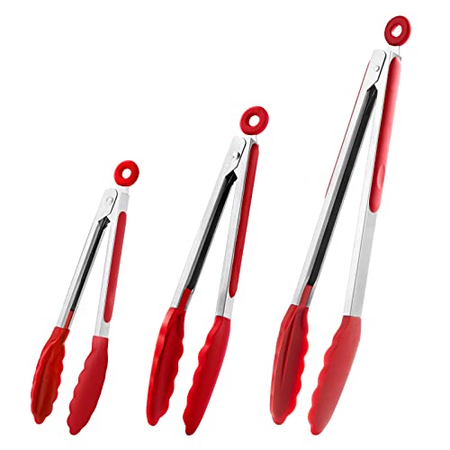 7"+9"+12" Silicone Kitchen Tongs Set | Cooking Tongs | Serving Tongs, Red