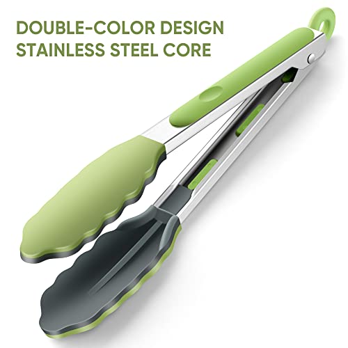 9 Inch Kitchen Tongs | Silicone Cooking Tongs | Serving Tongs | Salad Tongs, Green
