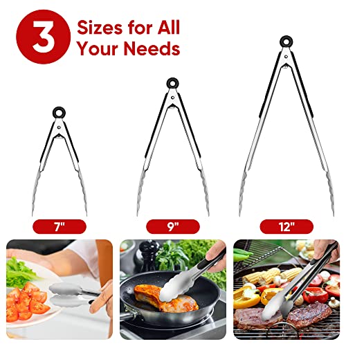 7"+9"+12" Stainless Steel Kitchen Tongs Set | Cooking Tongs | Serving Tongs | BBQ Tongs