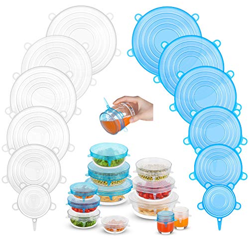 Silicone Stretch Lids, Zero Waste Reusable Silicone Container Lids, 12 PCS, Blue & White