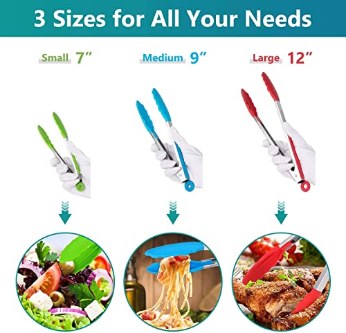 7"+9"+12" Silicone Kitchen Tongs Set | Cooking Tongs | Salad Tongs, Multicolor