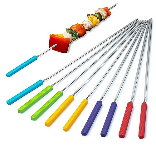 16" Long Kebab Skewers/Grill Skewers with Silicone Handle, 10 Pack, Storage Bag Included