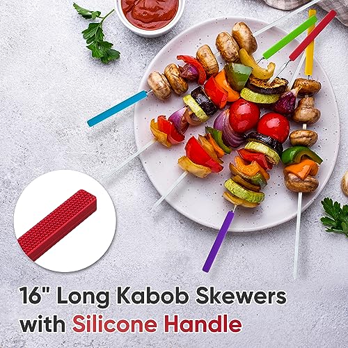 16" Long Kebab Skewers/Grill Skewers with Silicone Handle, 10 Pack, Storage Bag Included